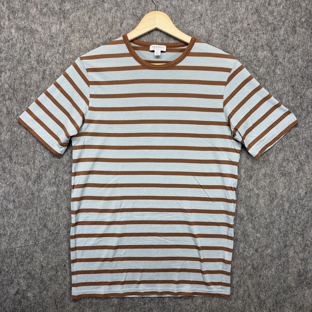 Sunspel T-Shirt Men's XS Short Sleeve Striped Blue Brown England Luxury Cotton
